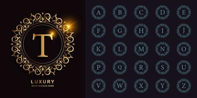 alfabeto inicial de coleção com ornamento de luxo ou modelo de logotipo dourado de moldura de círculo floral. vetor