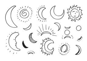 sol bonito e engraçado, ícones de doodle da lua. conjunto de vetores
