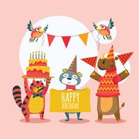 Vector conjunto de animais fofos comemorando aniversário com muitos presentes e bolos