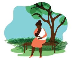 mulher afro-americana negra amamenta uma criança enquanto está sentado em um banco do parque. bebê em um sling. alimentação pública. fundo natural. vetor