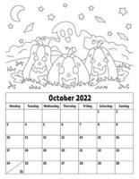 calendário vertical para 2022 com um personagem fofo. página para colorir para crianças. semana começa na segunda-feira. ilustração vetorial isolado. estilo de desenho animado. vetor