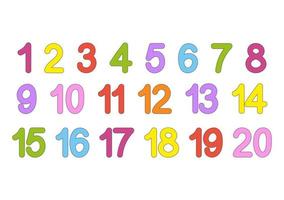 um conjunto de números de um a vinte. coleção colorida brilhante. para ensinar crianças. ilustração em vetor plana simples isolada no fundo branco.