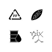 conjunto de ícones de glifo de ciência e natureza. produtos de biotecnologia e nanotecnologia. materiais de reciclagem. trabalhando em laboratório. cientistas de microbiologia. símbolos de silhueta. ilustração vetorial isolada vetor