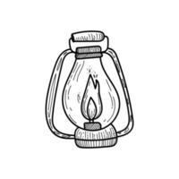 lanterna de acampamento desenhada à mão. lâmpada de querasina. fogo. pavio. conceito de viagem. desenho vetorial. elementos de design de estilo doodle. arte de linha. vetor