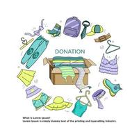 um vetor desenhado à mão de várias roupas para doações. conjunto de vetores de estilo doodle. dia da caridade e conceito de ajuda social. segunda mão, mercado de pulgas.