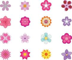 conjunto de ícones de flores de primavera plana em silhueta isolada no branco. ilustrações retrô fofas em cores brilhantes para adesivos, etiquetas, etiquetas, scrapbooking. vetor