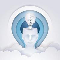 cabeça humana com metade da lâmpada e cérebro, fundo abstrato da lâmpada vetor