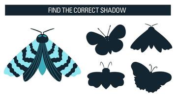 insetos, borboletas, mariposas. encontre a sombra certa, um jogo educativo para crianças. ilustração vetorial estilo cartoon vetor