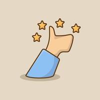 polegares para cima conceito com ícone de estrelas de mão e classificação em estilo simples. ilustração em vetor de desenhos animados de feedback