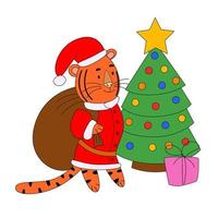tigre-papai noel com um saco de presentes na árvore de natal, um animal fofo. vetor
