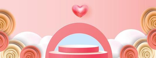 3d fundo de produto vermelho pódio para valentine.pink e coração amor romance conceito design ilustração vetorial ilustração decoração banner vetor