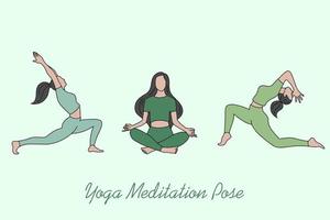 conjunto de pessoas de meditação de ioga de menina de mulher posam ilustração plana espiritual vetor