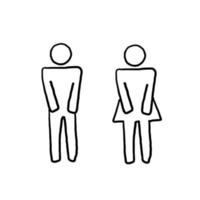 pictogramas de banheiro de meninas e meninos desenhados à mão. assinatura de casal de banheiro doodle, ícones de wc mulher homem, sinais de porta de banheiro divertido. isolado vetor