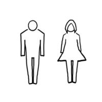 pictogramas de banheiro de meninas e meninos desenhados à mão. assinatura de casal de banheiro doodle, ícones de wc mulher homem, sinais de porta de banheiro divertido. isolado vetor