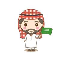 Arábia Saudita em traje nacional com uma bandeira. um menino em traje tradicional. personagem de desenho animado chibi vetor