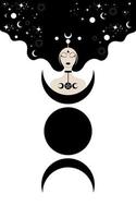 sacerdotisa com cabelo lonh, modelo. lua tripla, ícone sagrado da deusa da mulher wiccana. sinal de wicca religiosa de lua crescente. símbolos do neopaganismo no fundo celestial branco vetor