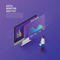 estratégia de negócios de conceito de design plano. 3D design plano isométrico. dados de análise e investimento. business success.financial review com laptop e elementos de infográfico. ilustração vetorial. vetor