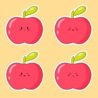 conjunto de adesivos de maçã vermelha kawaii fofa. emoji com emoções diferentes. ilustrações vetoriais planas. vetor