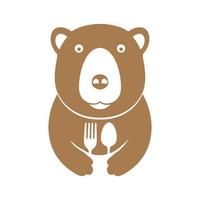 fofo urso pardo com colher garfo logotipo símbolo ícone vetor design gráfico ilustração ideia criativa