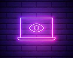 espionar o ícone do laptop neon icon.eye e laptop. elementos de vírus, conjunto de antivírus. ícone simples para sites, web design, aplicativo móvel, gráficos de informação isolados na parede de tijolos vetor