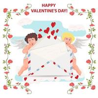 ilustração em um estilo simples para o feriado do dia dos namorados em um quadro de flores dois cupidos segurando um envelope postal com uma carta vetor