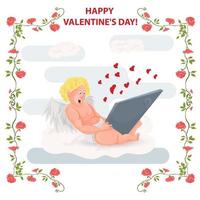 ilustração em um estilo simples para o feriado do dia dos namorados em um quadro de flores cupido com asas senta-se em uma nuvem e lê uma mensagem em um laptop vetor