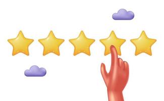 toque de mão de ilustração 3d bonito de cinco estrelas para revisão, classificação, reputação, conceito de ilustração do cliente de feedback vetor