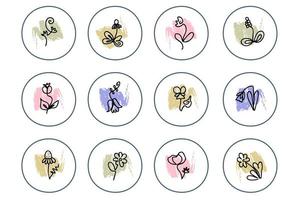 um conjunto de ícones de destaque de doodle de flor de linha. vetor