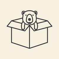 caixa de papelão de linha com urso fofo logotipo símbolo ícone vetor design gráfico ilustração ideia criativa