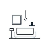 móveis de interiores sala de estar com sofá e acessórios linha logotipo vetor ícone design ilustração