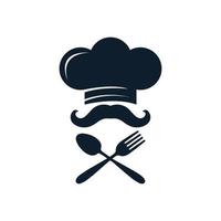 ilustração chef chapéu bigode com garfo e colher comida ou restaurante logotipo ícone vetor