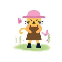 ilustração animal de desenho animado bonito gato ou gatinho brincando com vetor de ícone de logotipo abstrato de borboleta