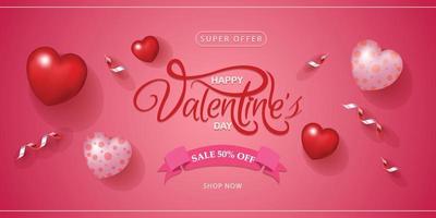 modelo de cartaz de venda de dia dos namorados decoração elegante de balões de coração 3d vetor