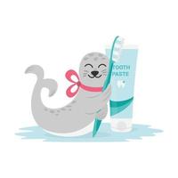 conceito de atendimento odontológico com fofinho sorridente bebê foca abraçando a escova de dentes vetor