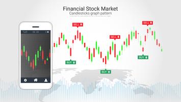 Conceito de negociação de ações móveis com gráficos de gráficos candlestick e financeiros na tela. vetor