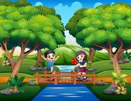 uma menina e um menino na ponte de madeira vetor