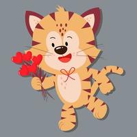 tigre corre para dar um buquê de flores de corações. dia de amor. vetor