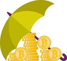 uma ilustração plana de uma pilha de bitcoins sob um guarda-chuva. vetor