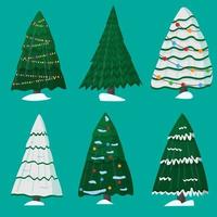 árvores de natal em estilo cartoon plana. decorado com uma guirlanda, coberta de neve. ano Novo vetor