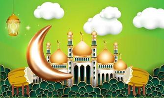 cartazes de fundo ramadan kareem ou design de convites com papel 3d cortar lanternas islâmicas, estrelas e lua em fundo dourado e violeta. ilustração vetorial