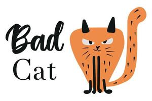 ilustração infantil de gato mau. ilustração desenhada à mão de gato ruivo. cartaz de gato ruim. vetor