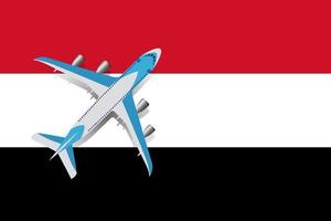 ilustração vetorial de um avião de passageiros sobrevoando a bandeira do iêmen. conceito de turismo e viagens vetor