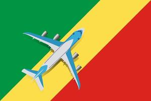 ilustração vetorial de um avião de passageiros sobrevoando a bandeira da república do congo. conceito de turismo e viagens vetor