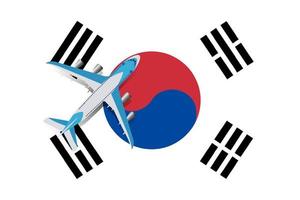 avião e bandeira da coreia do sul. conceito de viagens para design. ilustração vetorial de um avião de passageiros sobrevoando a bandeira da república da coreia. vetor