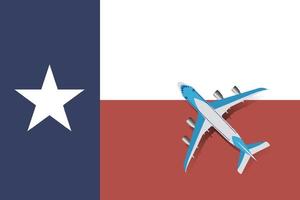 ilustração em vetor de um avião de passageiros sobrevoando a bandeira do texas. conceito de turismo e viagens