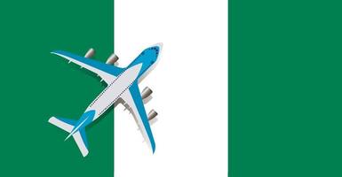 ilustração em vetor de um avião de passageiros sobrevoando a bandeira da Nigéria. conceito de turismo e viagens