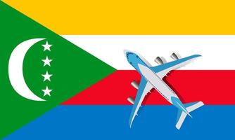 avião e bandeira de comores. conceito de viagens para design. ilustração em vetor de um avião de passageiros sobrevoando a bandeira de comores.