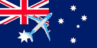 ilustração em vetor de um avião de passageiros sobrevoando a bandeira da austrália. o conceito de turismo e viagens