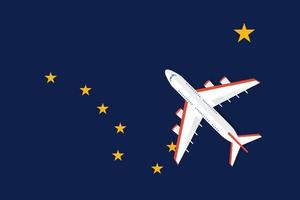 ilustração vetorial de um avião de passageiros sobrevoando a bandeira do alasca. conceito de turismo e viagens vetor