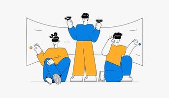 um grupo de pessoas usa óculos de realidade virtual e acessórios para jogos. o conceito de jogos virtuais. ilustração vetorial de contorno. vetor